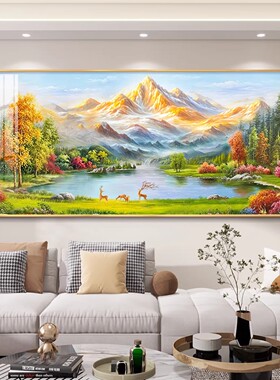 聚宝盆风景客厅装饰画流水生财沙发背景墙挂画日照金山横板壁画