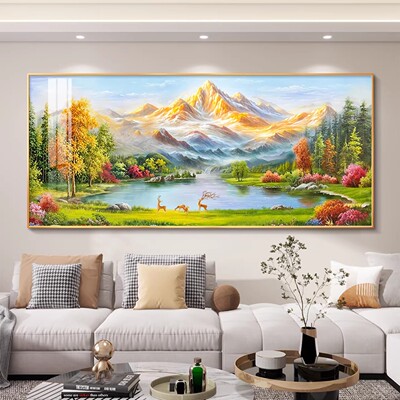 聚宝盆风景客厅装饰画流水生财沙发背景墙挂画日照金山横板壁画