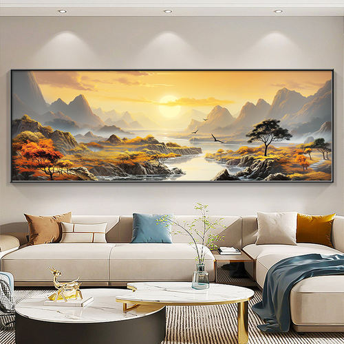 现代简约旭日东升客厅装饰画沙发背景墙挂画背有靠山茶室书房壁画