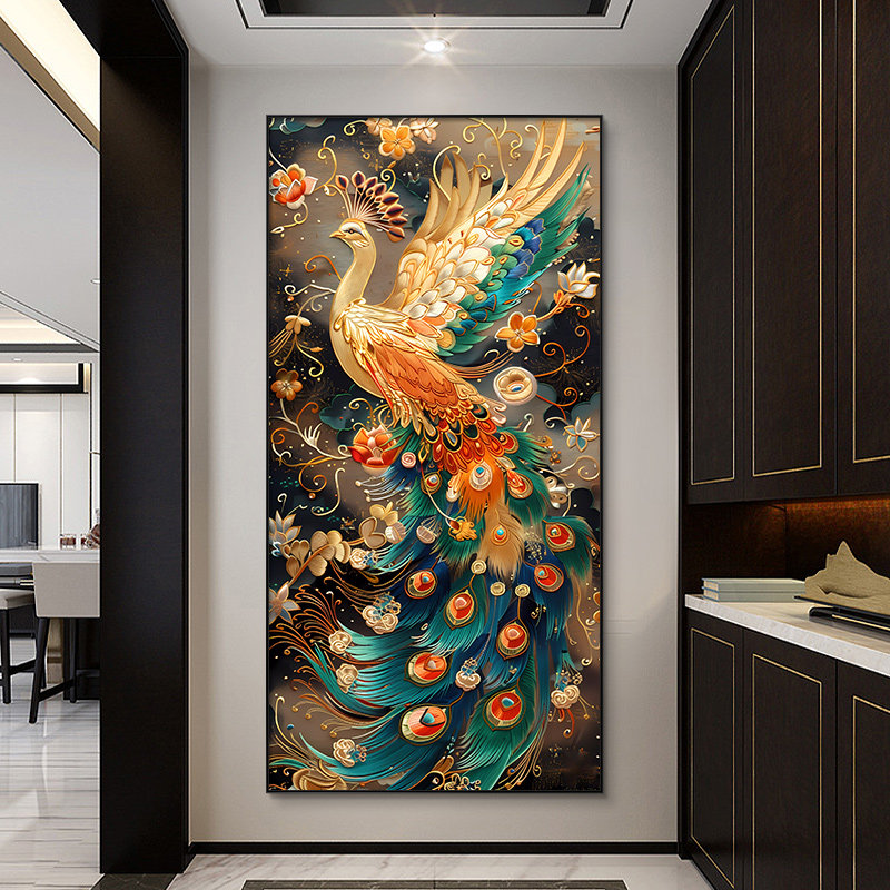 新中式孔雀玄关装饰画入户正对门走廊过道凤凰挂画客厅好寓意壁画