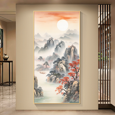 旭日东升装饰画客厅玄关东墙挂画新中式日出壁画靠山图山水风景画