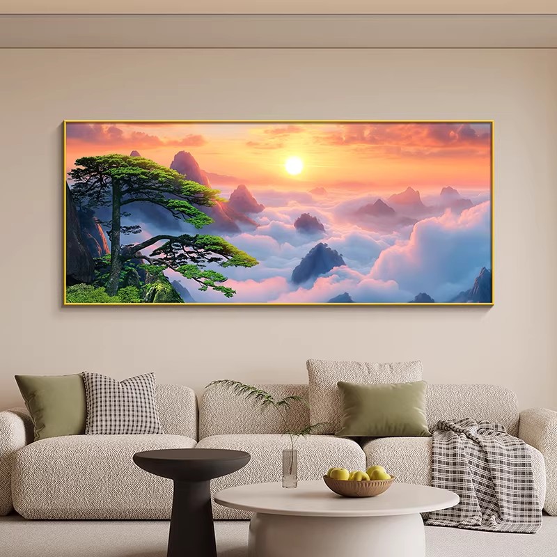 新中式日出云海客厅装饰画迎客松办公室挂画茶室酒店民宿大堂壁画