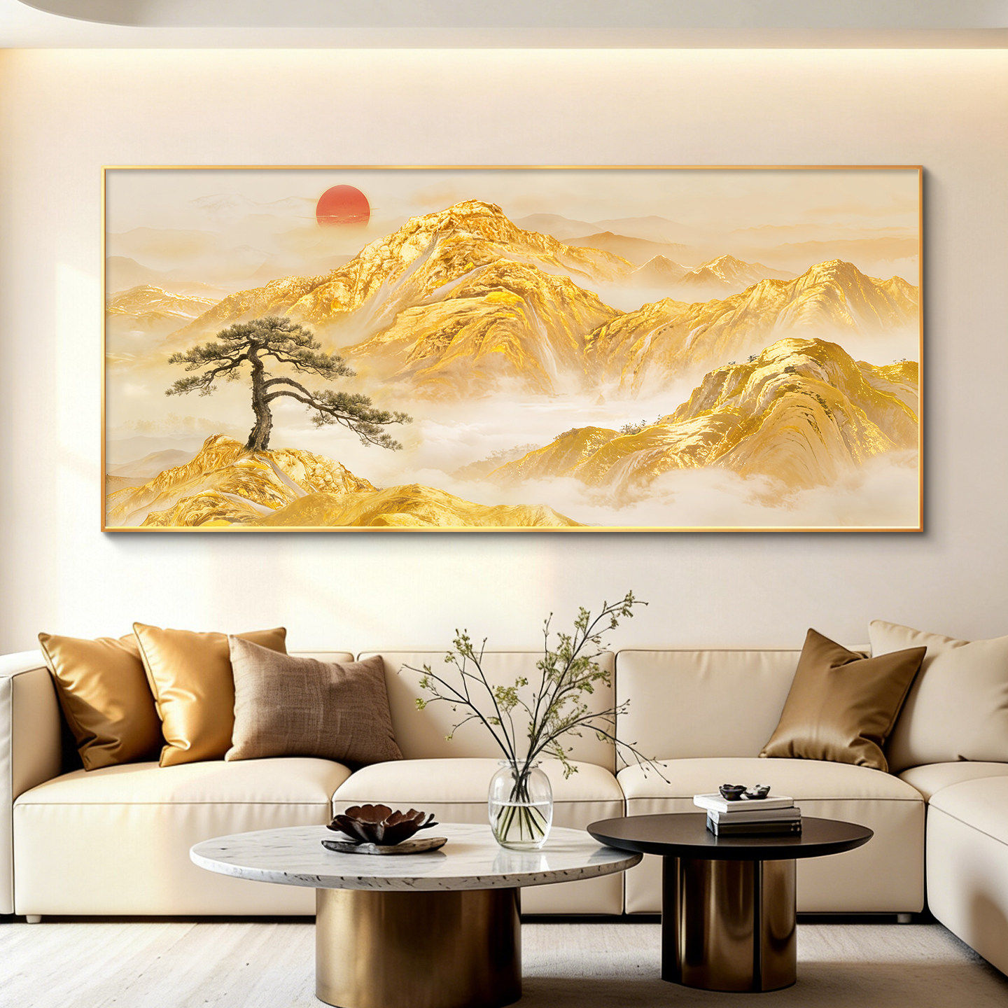迎客松客厅装饰画日照金山沙发背景墙挂画旭日东升横板东墙壁画