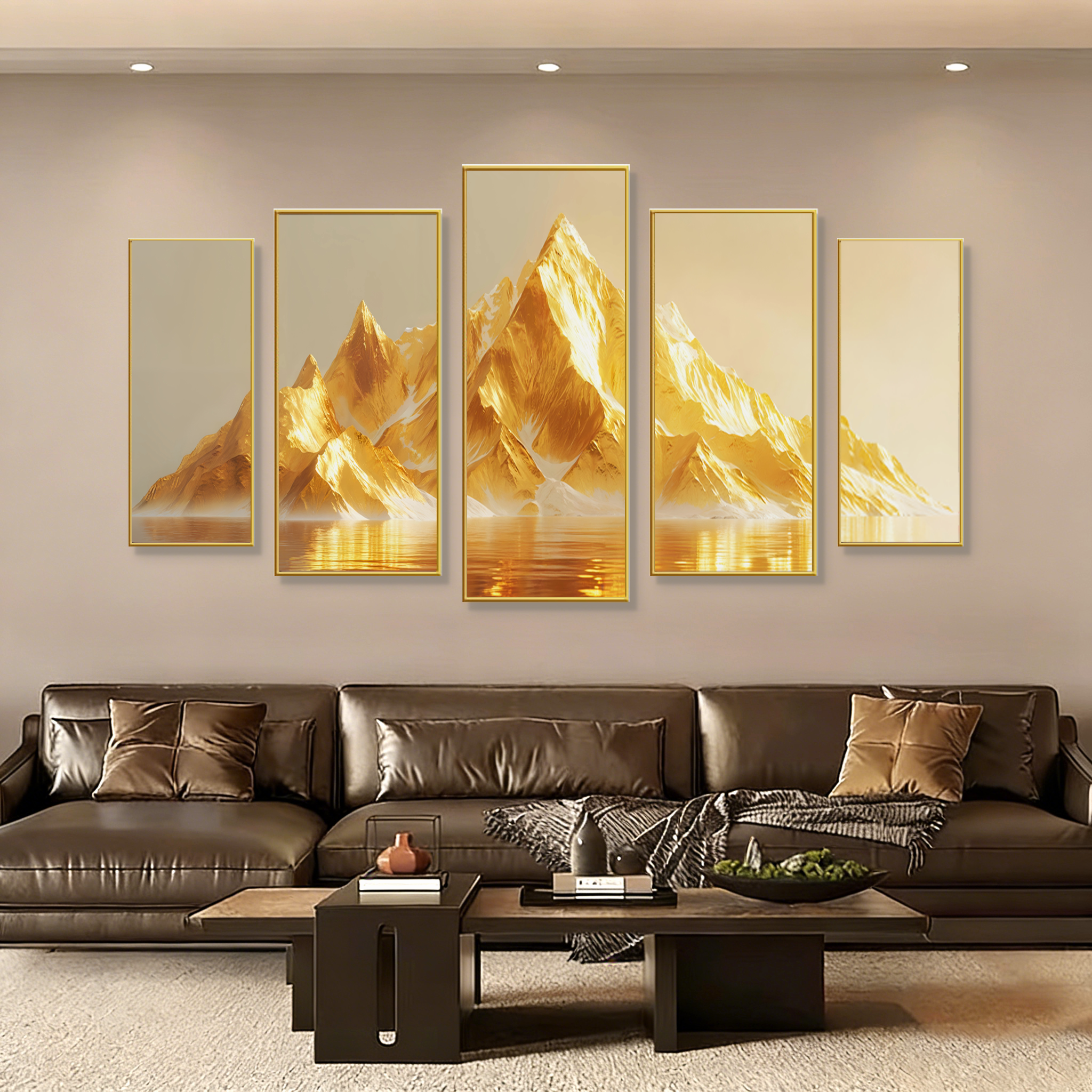 日照金山办公室装饰画五联画沙发背景墙挂画现代简约组合轻奢壁画