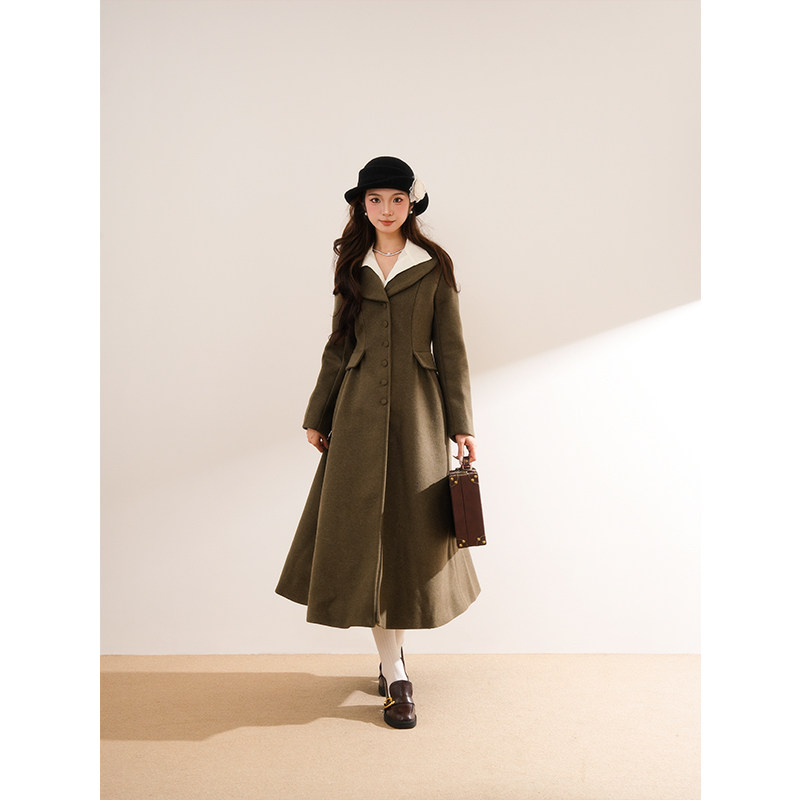 森林苔绿 秋冬新款复古修身纯色气质长款大摆古典毛呢大衣外套女