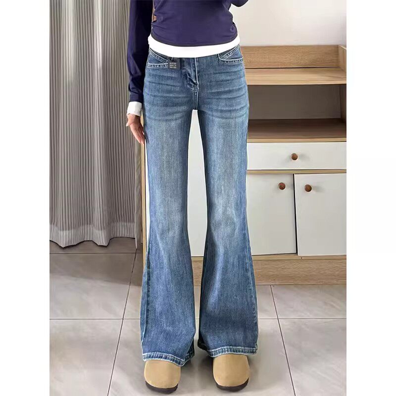 高腰弹力宽松不贴腿微喇裤大码胖mm显瘦裤子女春秋小个子喇叭牛仔
