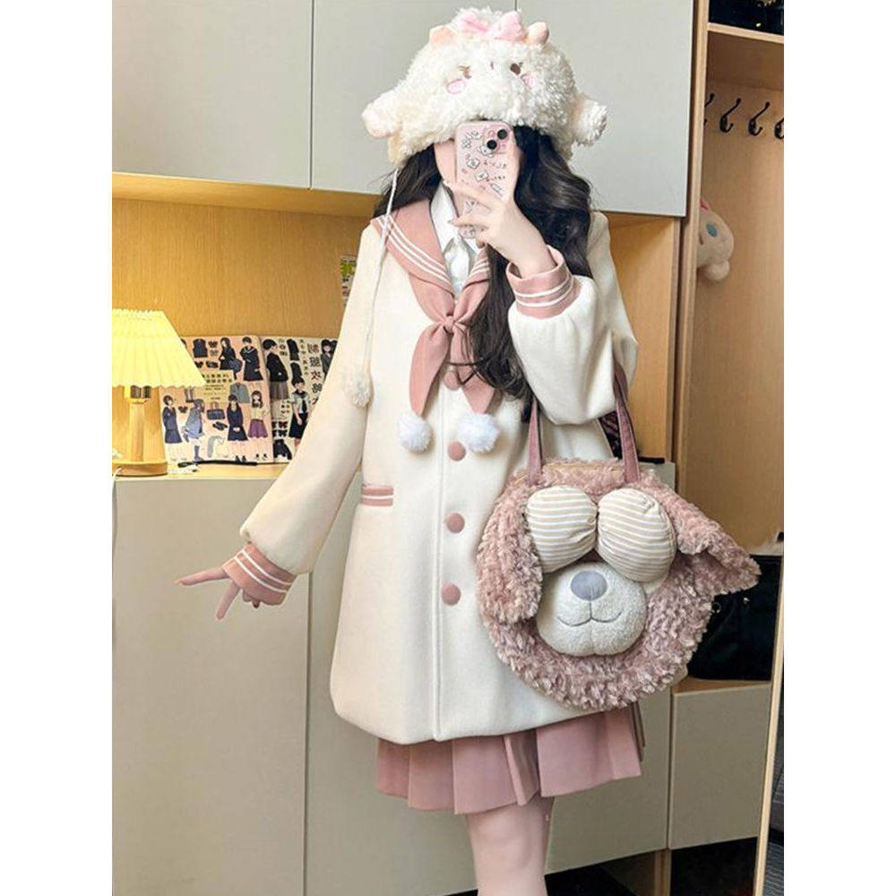 秋冬JK制服毛呢粉白绀白套装海军领上衣蝴蝶结小众设计百褶裙套装,女装/女士精品,时尚套装,淘宝优惠券,粉丝福利购,淘宝优惠卷