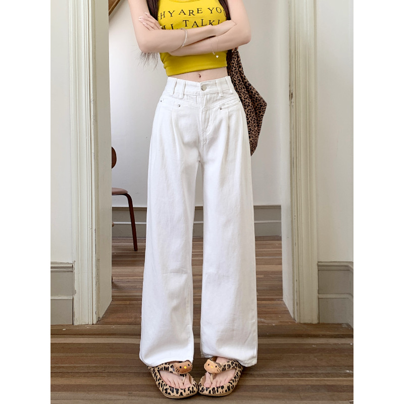 小个子褶皱白色牛仔裤女春秋新款高腰宽松显瘦垂感直筒阔腿拖地裤