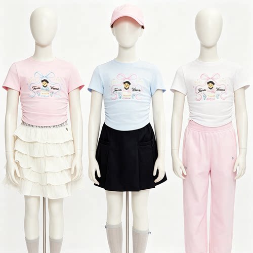 2025夏季新款女童短袖T恤短款中大童纯棉卡通印花上衣RA256445I