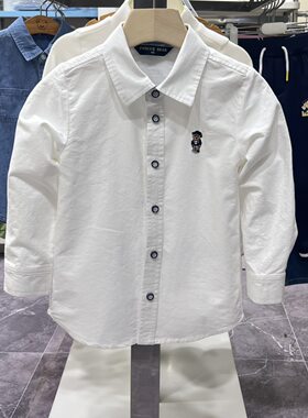 小熊童装春秋款男童白色纯棉长袖衬衣百搭衬衫YA233808A