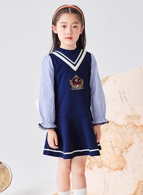 25春季女童休闲圆领假两件长袖连衣裙中大童小熊裙子TKMW213802A