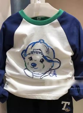 2025春季小熊男童插肩长袖圆领百搭T恤上衣打底衣印花TKLA91202A