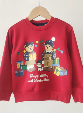 2024春秋季新款男女童圆领休闲毛圈卫衣卡通小熊红色TTMA248V81I