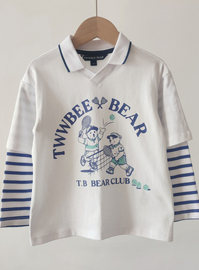 24春秋季新款男童假两件翻领长袖T恤衫V领休闲小熊TTLA242302A