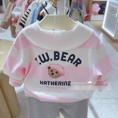 2025春季女童宽条纹翻领卫衣儿童休闲上衣小熊童装TKMW251256B