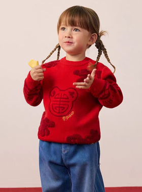 2025秋冬季新年红色男女童毛衣圆领套头针织衫拜年服PCKAG6C61E