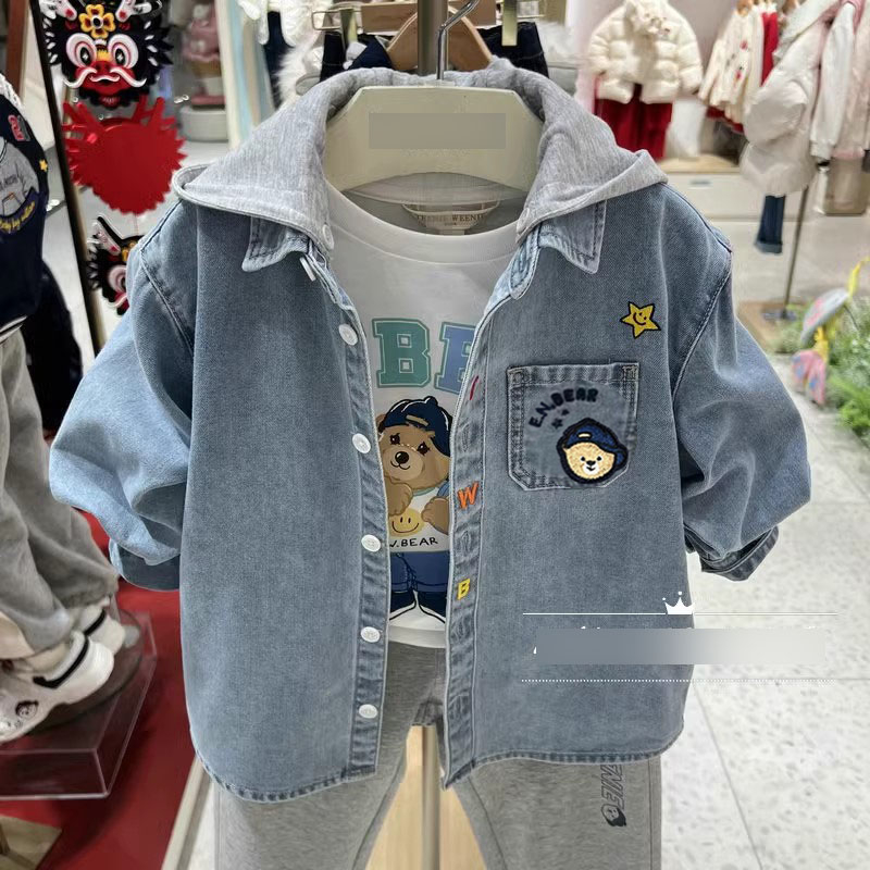 春秋小熊男童休闲水洗牛仔可拆卸连帽长袖衬衣衬衫SL TKYA241201A