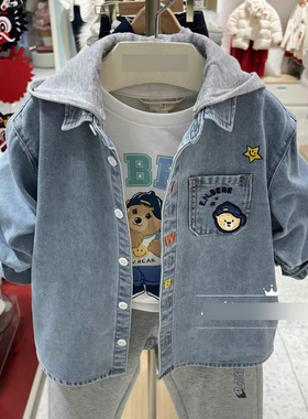 春秋小熊男童休闲水洗牛仔可拆卸连帽长袖衬衣衬衫SL TKYA241201A