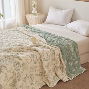 复古绿色海底世界全棉四层纱布床盖加厚纯棉纱布床单毛巾被盖毯子