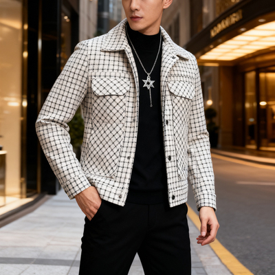 千鸟格子短绒外套男短款