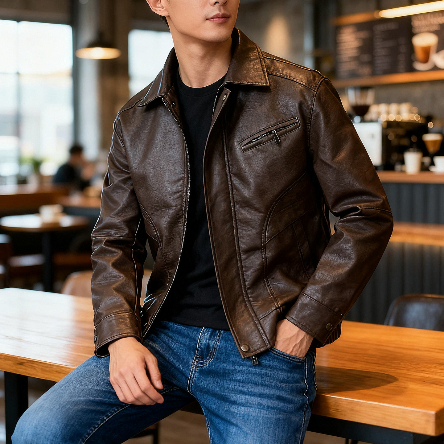 皮夹克男韩版修身潮流帅气机车PU皮衣时尚西装领美式复古秋冬外套