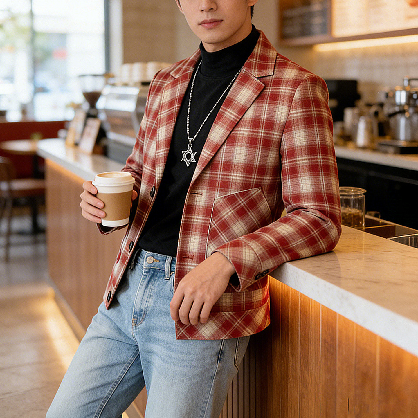 美式复古格子西装男士修身薄款2026春季新款帅气高级感休闲外套褂