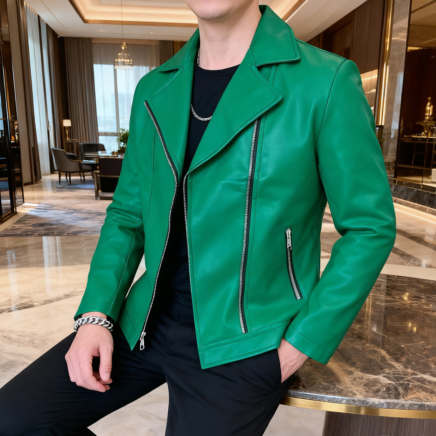 2025新款翻领PU皮衣修身潮上衣黑色痞帅短款男装防风机车夹克外套