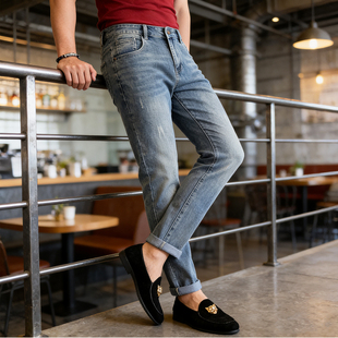 美式高街2026新款弹力直筒修身牛仔裤男款潮流百搭休闲痞帅长裤子
