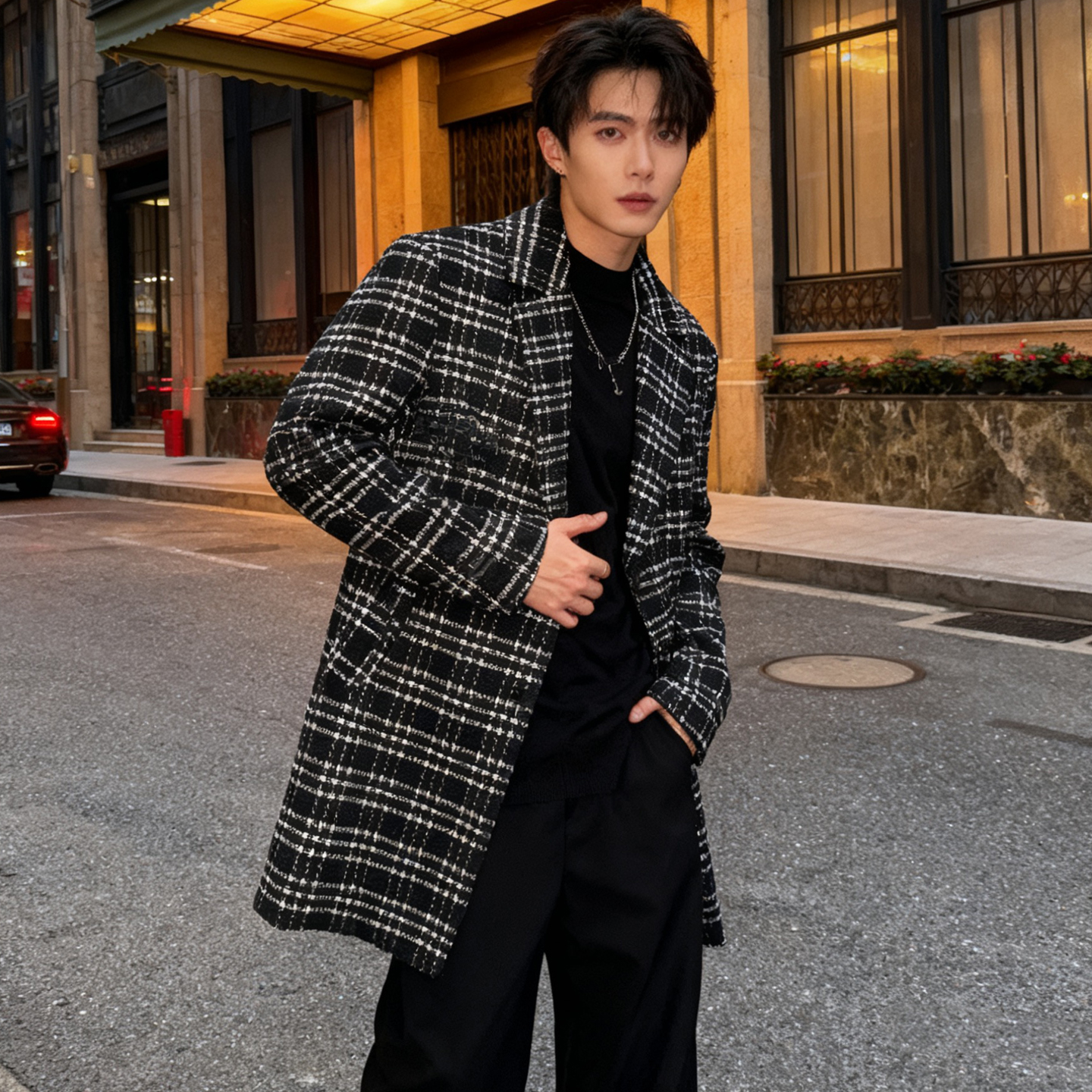 2025韩版男士中长款风衣秋冬季加厚格子毛呢大衣韩版休闲时尚外套