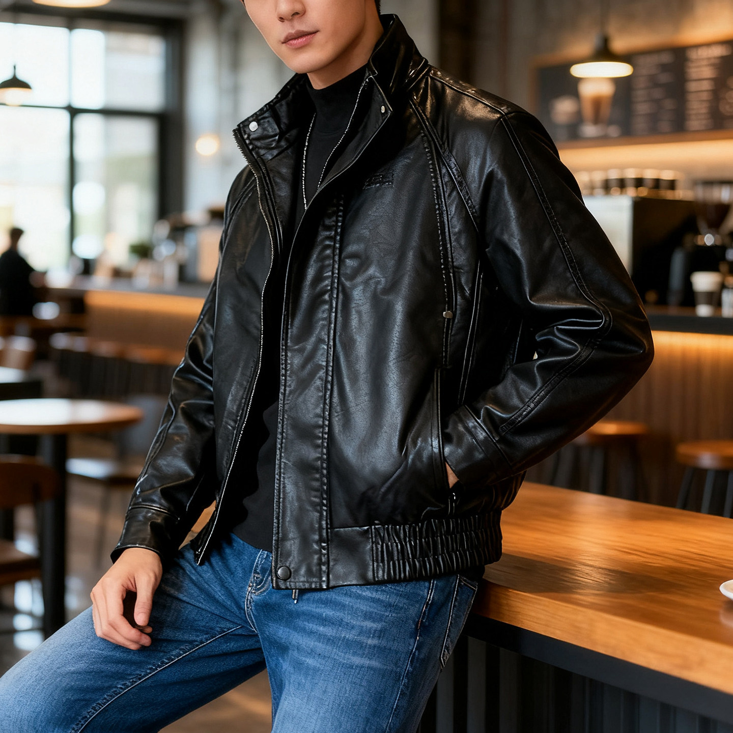 高级感飞行员皮夹克男美式复古潮牌修身立领时尚痞帅加绒保暖皮衣