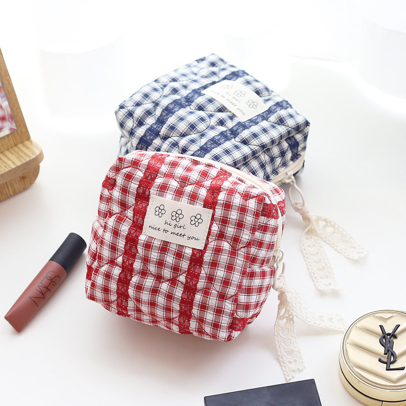 韩国可爱创意格子帆布艺迷你零钱包女学生拉链小钱包姨妈巾补妆包