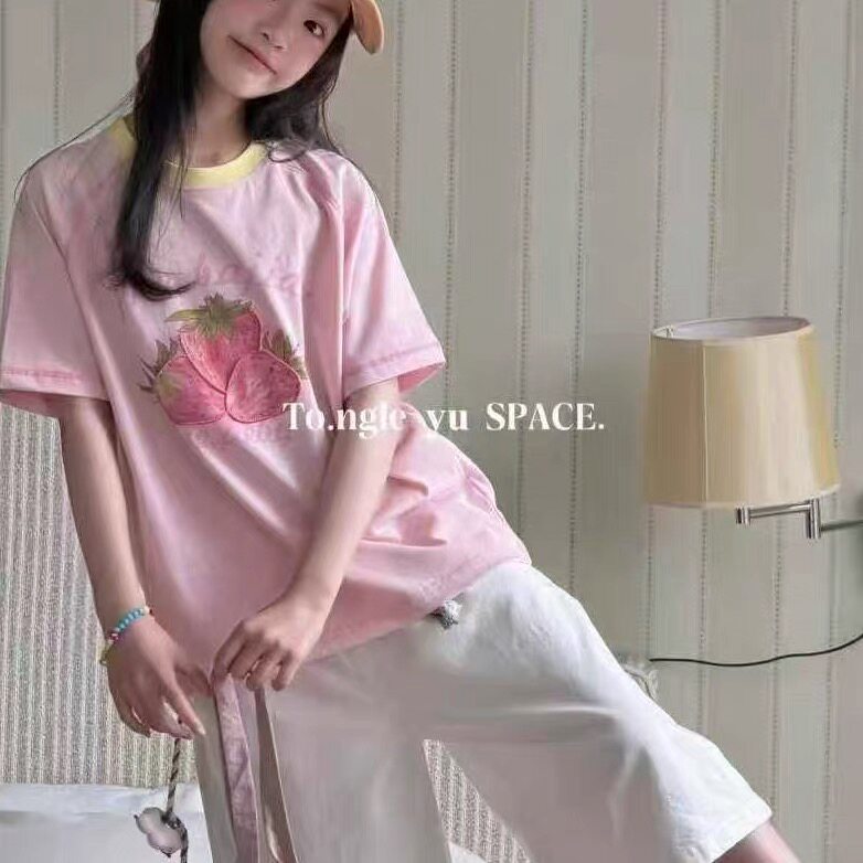 童乐鱼童装2026夏季新品女童青少年拼色草莓立体刺绣短袖T恤89053