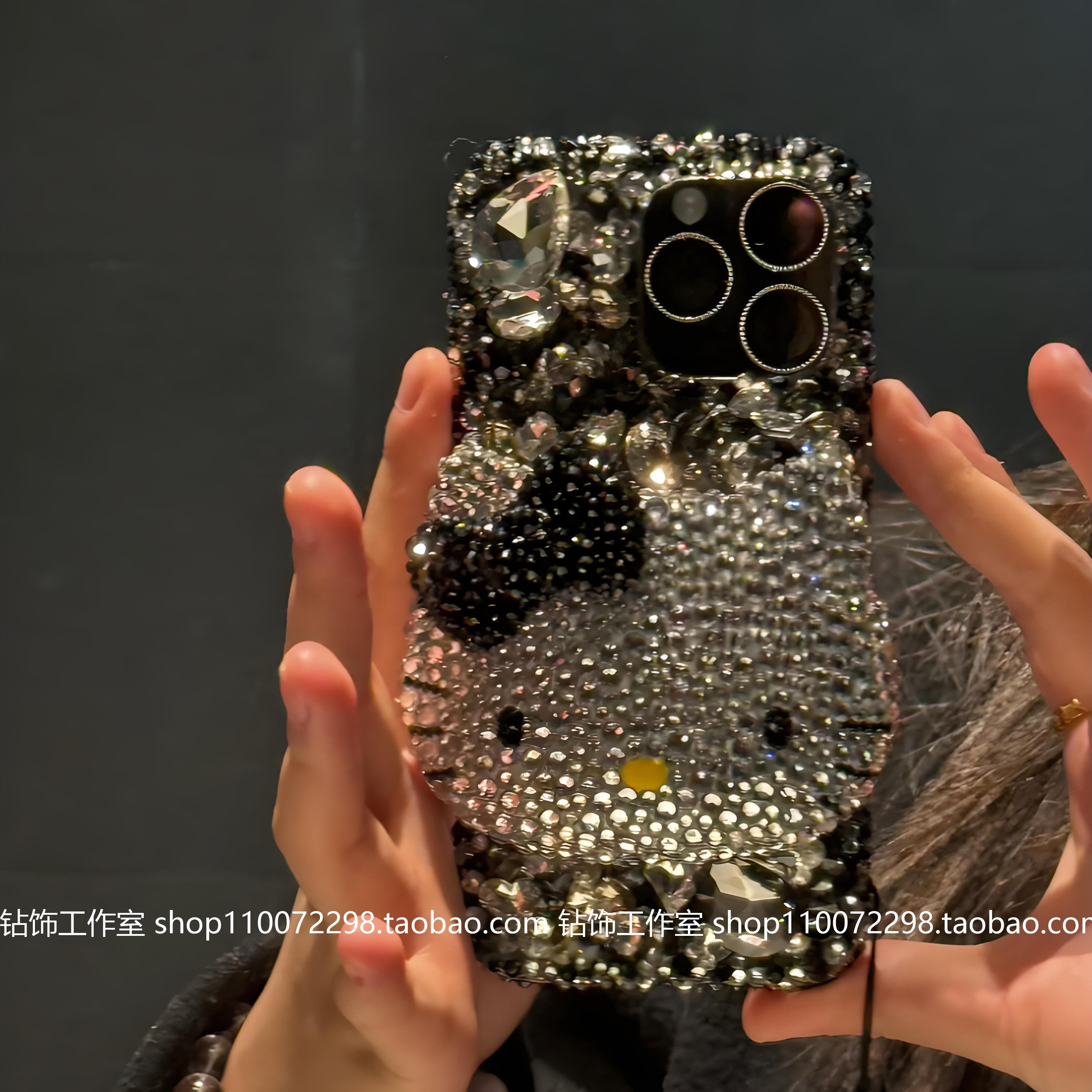 适用iPhone16promax苹果14pm手机壳水钻镶钻可爱卡通猫15plus保护套13mini定制带满钻高颜值轻奢k
