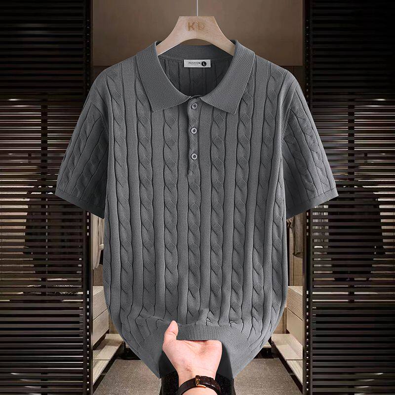 复古针织衫短袖T恤男夏季韩版休闲polo领麻花商务休闲上衣2026年