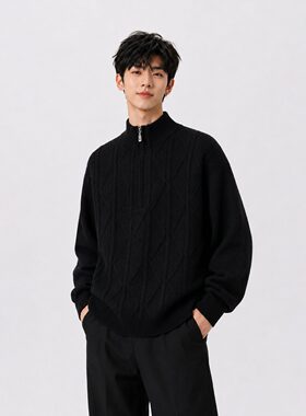 慵懒垂感简洁小立领男式休闲毛衣秋冬羊毛针织衫外套
