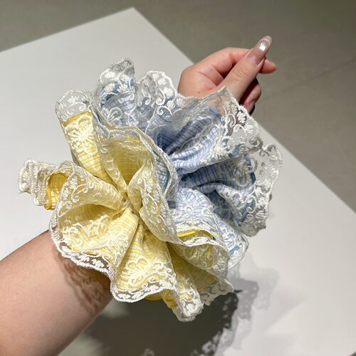 韩系清新甜美蕾丝花边大肠发圈大号格纹丸子头花发绳百搭马尾皮筋