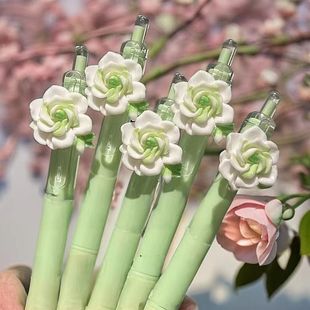 笔速干刷题笔ins风高颜值按动中性笔黑色立体花学少女 山茶花个性