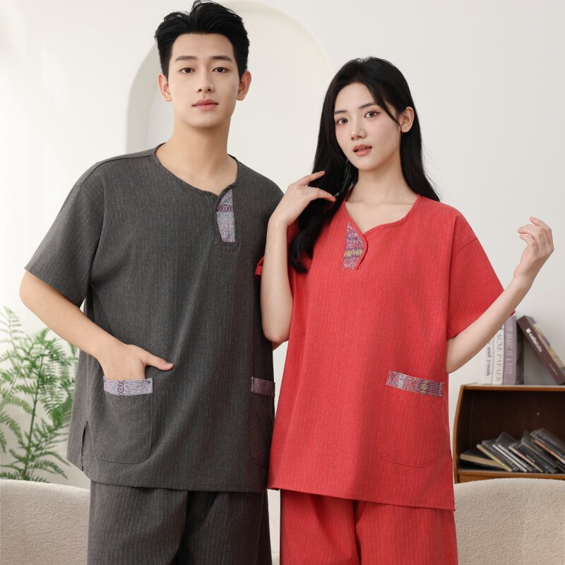 夏季棉麻短袖情侣汗蒸服套装