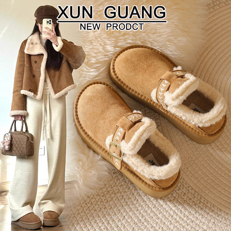 牛皮版厚底加绒勃肯鞋女鞋子秋冬季乐福鞋保暖雪地靴女一脚蹬棉鞋,女鞋,棉鞋,淘宝优惠券,粉丝福利购,淘宝优惠卷