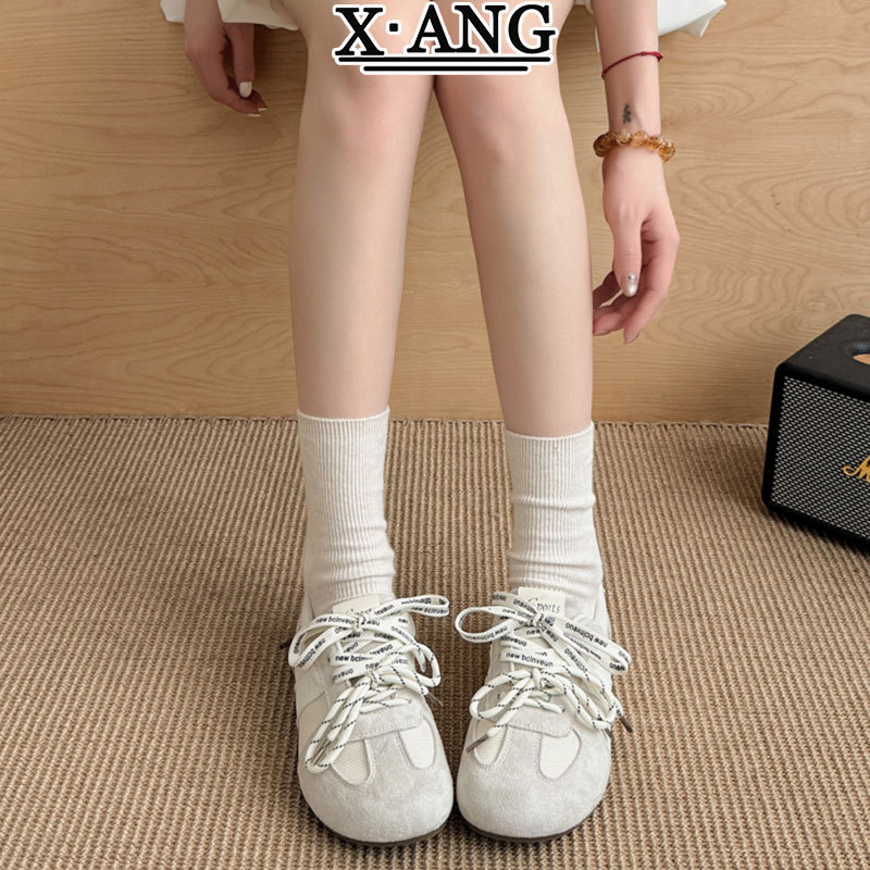 现货~双鞋带圆头德训鞋子女鞋显脚小阿甘鞋软底不累脚休闲运动鞋