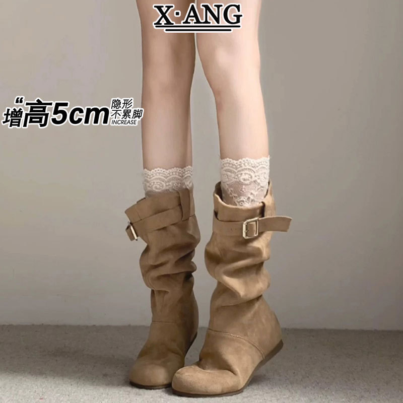 牛皮版5cm内增高小个子裤管靴大筒围显瘦腿长褶皱堆堆靴女中筒靴
