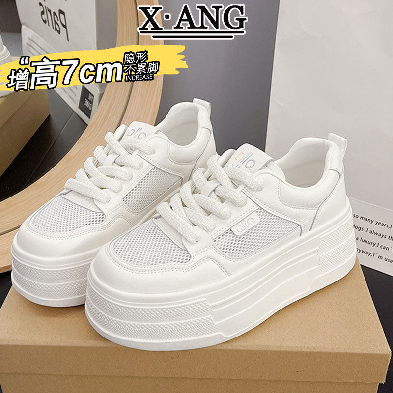 真皮厚底增高女鞋系带小白鞋夏季透气网面休闲运动鞋板鞋松糕鞋子