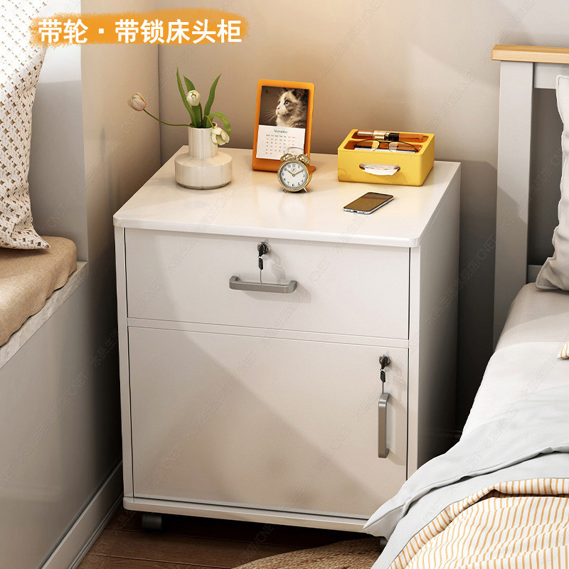 床头柜带锁的收纳储物柜子白木色可移动带轮主卧室床头柜现代简约