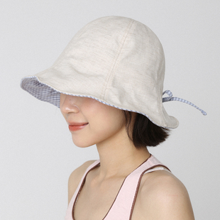 米白色格纹格子蝴蝶结卷边渔夫帽女夏季新款大头围盆帽防晒遮阳帽