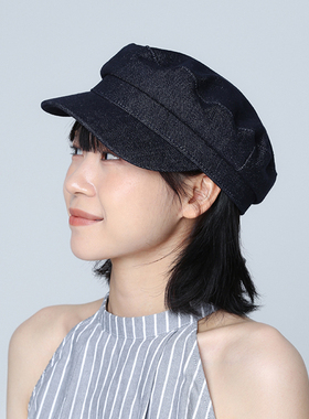 牛仔帽贝雷帽复古八角帽女款春夏报童帽大头围藏蓝色云朵鸭舌帽子