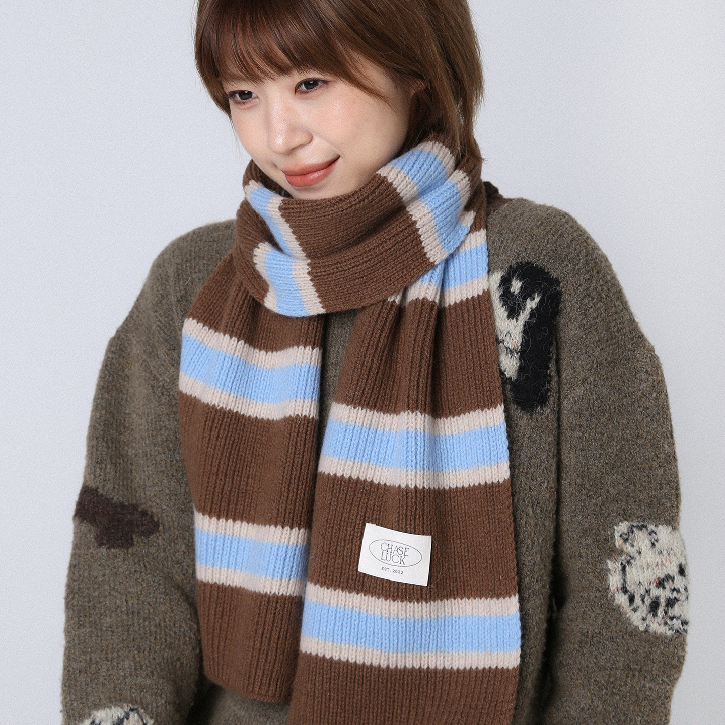 纯羊毛灰色条纹针织围巾围脖