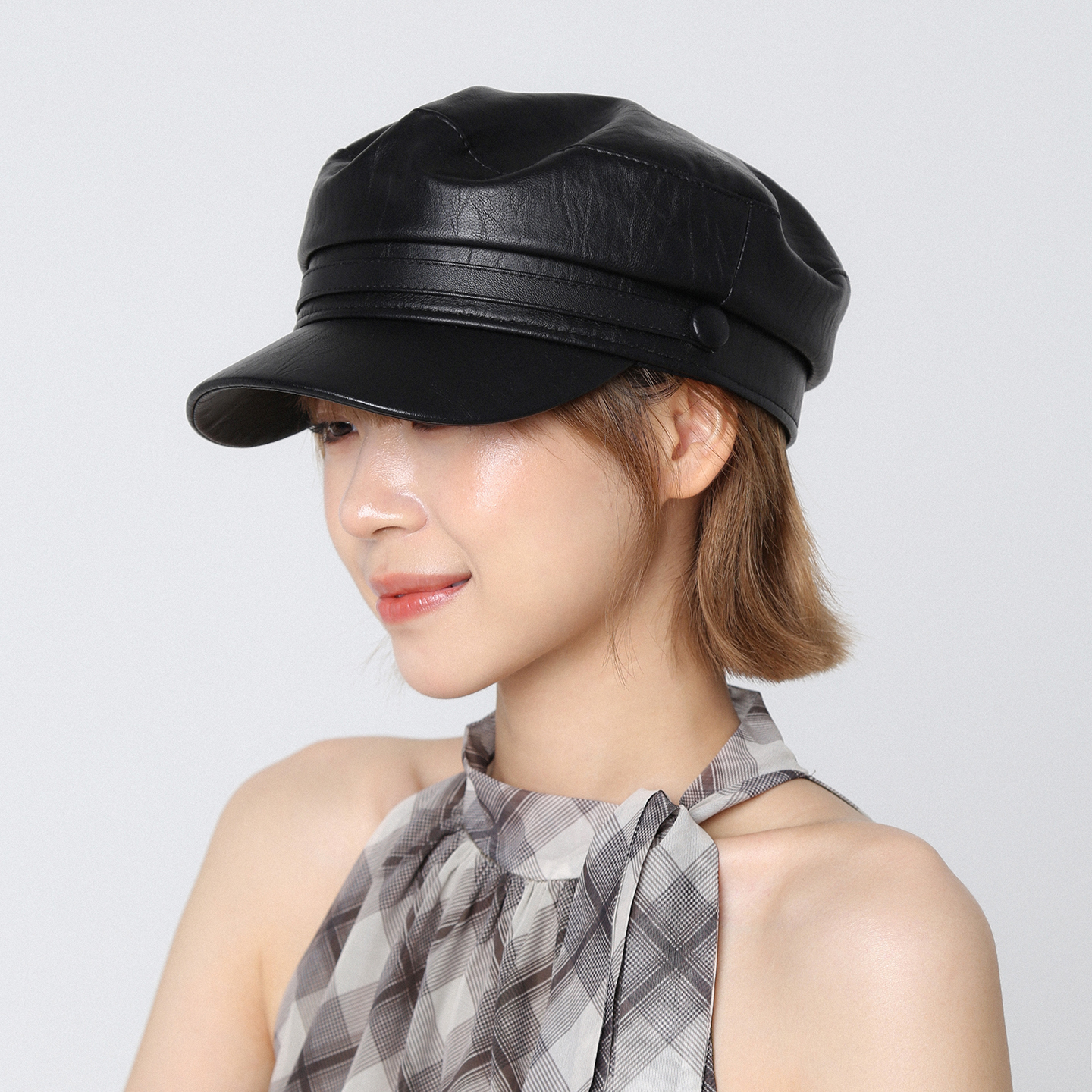 黑色皮质鸭舌贝雷帽女褶皱云朵帽