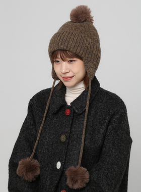辫子拼色毛球针织毛线帽女冬季加厚保暖防寒大头围可爱护耳雷锋帽