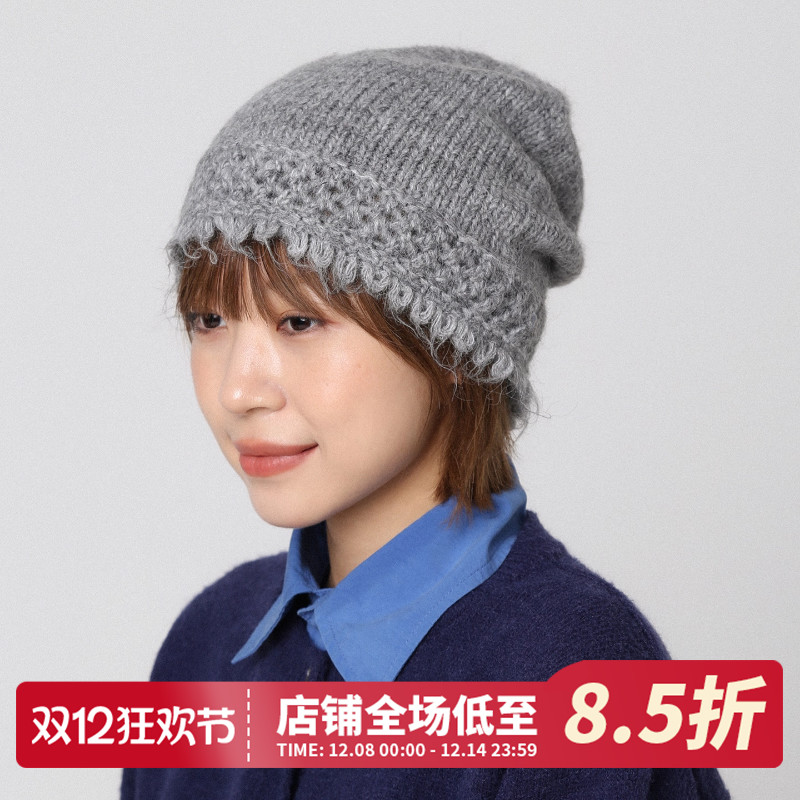 羊毛法式灰色镂空显脸小针织帽