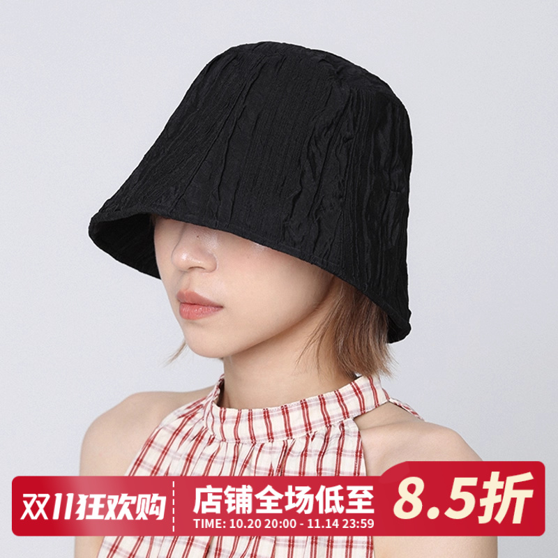 日系波纹黑色防晒渔夫帽女夏季
